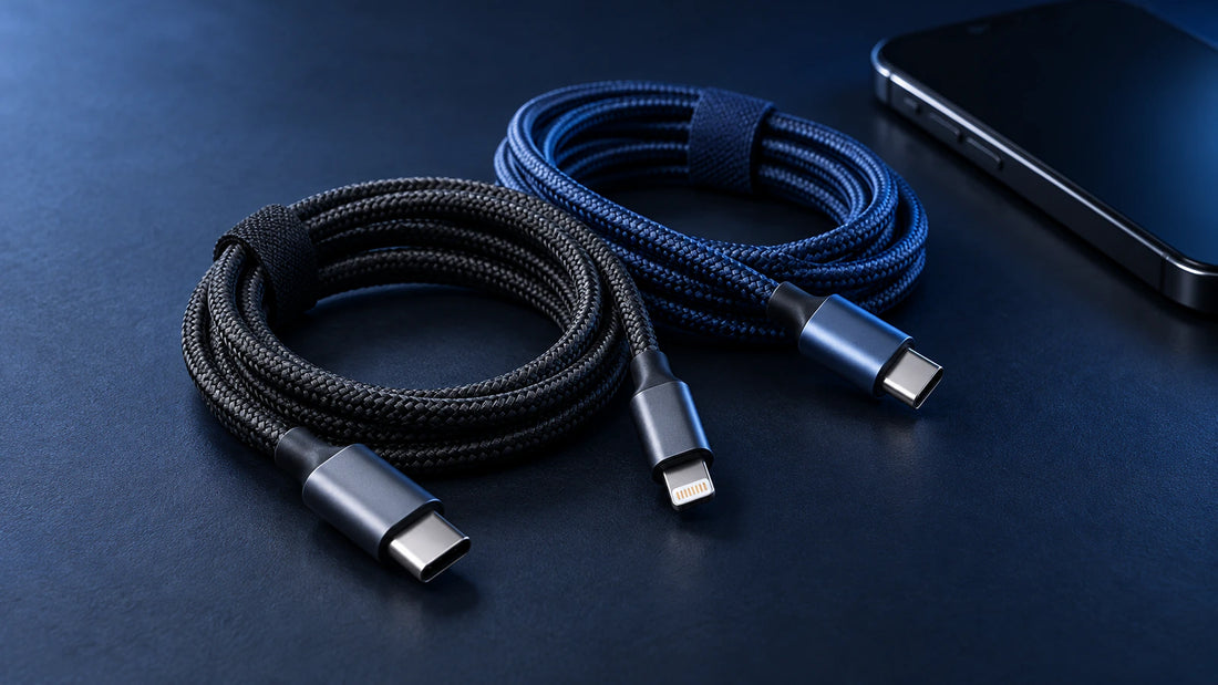 Braided USB-C and Lightning charging cables coiled on a dark navy surface beside a smartphone