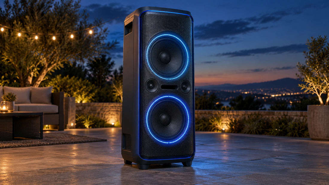 Large Bluetooth party speaker set up outdoors at dusk for a backyard gathering