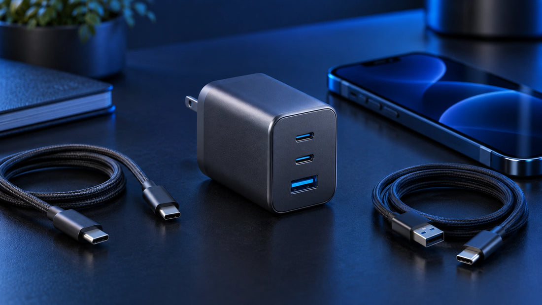 Compact USB wall charger with charging cables and smartphone