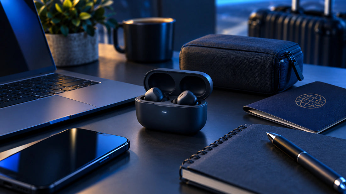 Wireless earbuds with charging case and everyday work and travel accessories
