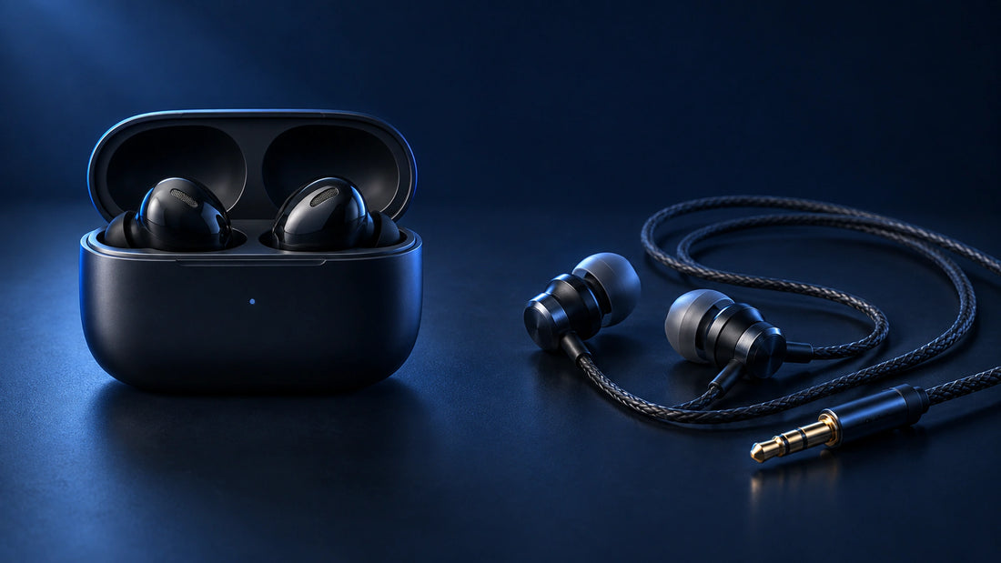 Wireless earbuds in an open charging case beside a pair of wired earphones on a dark navy surface